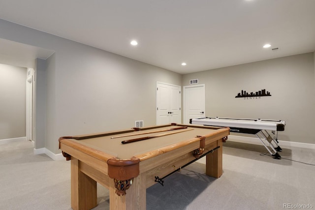 playroom featuring baseboards, recessed lighting, billiards, and light carpet