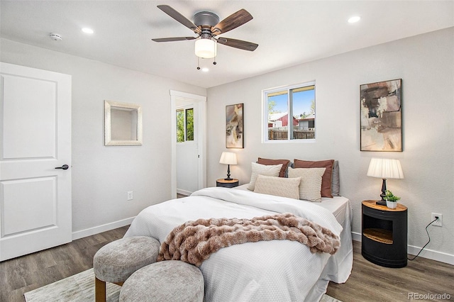 6775 Newland St, Arvada, CO 80003 - bedroom with baseboards, wood finished floors, recessed lighting, and ceiling fan