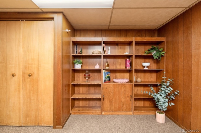 9100 Yucca Way, Thornton, CO 80229 - interior details with a drop ceiling, wooden walls, and carpet floors