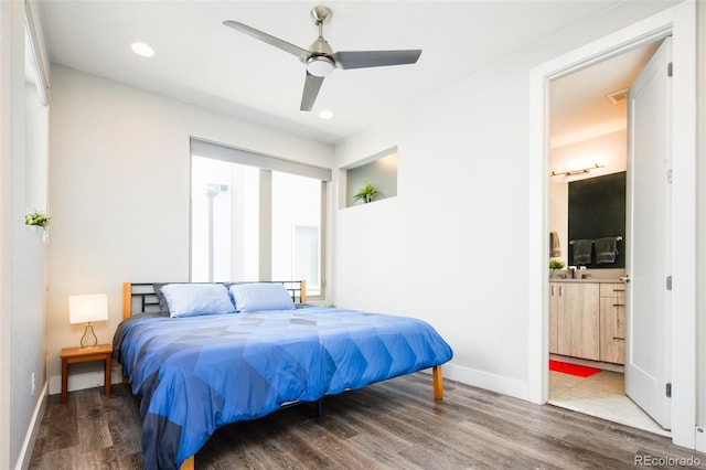 1323 Elati St Unit 3, Denver, CO 80204 - bedroom with wood finished floors, baseboards, recessed lighting, ensuite bath, and ceiling fan
