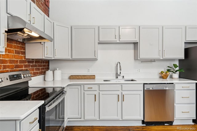 kitchen featuring under cabinet range hood, stainless steel appliances, a sink, and light countertops