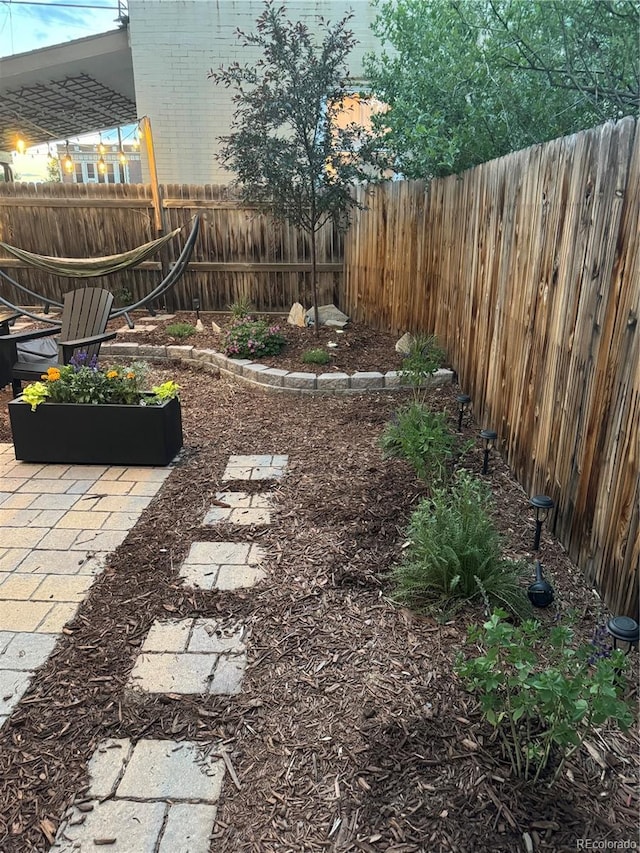 view of yard with a fenced backyard and a patio