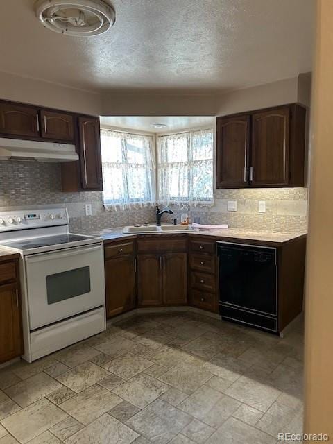 kitchen with electric range, dishwasher, light countertops, under cabinet range hood, and a sink