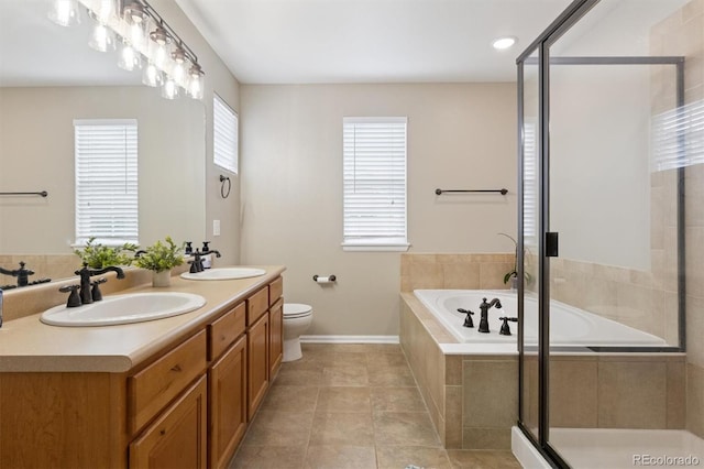 3540 Brushwood Dr, Castle Rock, CO 80109 - full bath featuring a bath, double vanity, tile patterned floors, and a shower with shower door
