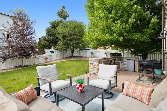 3540 Brushwood Dr, Castle Rock, CO 80109 - wooden terrace featuring outdoor lounge area, a fenced backyard, and area for grilling