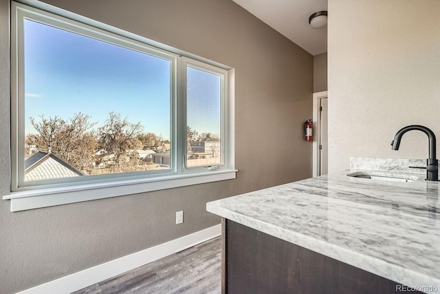 kitchen with sink, dark brown cabinets, plenty of natural light, and hardwood / wood-style floors