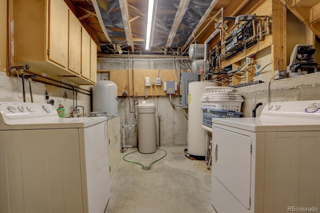 laundry room with water heater and washer and clothes dryer