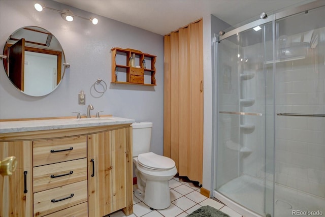 bathroom with tile patterned floors, vanity, toilet, and walk in shower