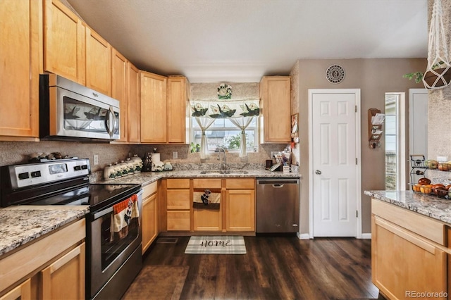 4759 Mt Princeton, Brighton, CO 80601 - kitchen featuring stainless steel appliances, a sink, dark wood-type flooring, light brown cabinets, and light stone countertops