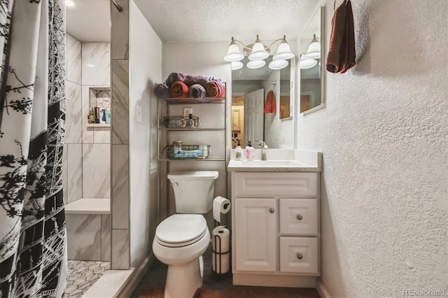 4759 Mt Princeton, Brighton, CO 80601 - full bath with a tile shower, a textured wall, toilet, vanity, and a textured ceiling