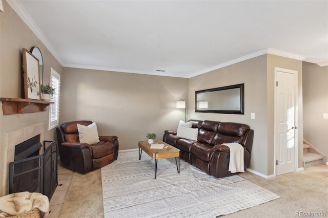 carpeted living room featuring a fireplace and crown molding