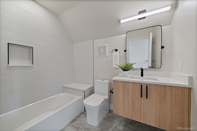 1423 Xavier St, Denver, CO 80204 - bathroom featuring vaulted ceiling, vanity, toilet, and marble look tile flooring