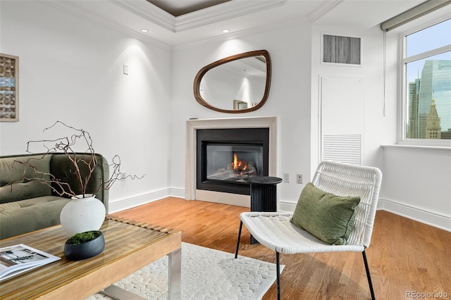 living room featuring wood-type flooring, a raised ceiling, and ornamental molding