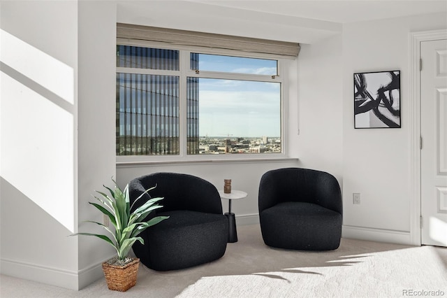 sitting room with carpet flooring and baseboards