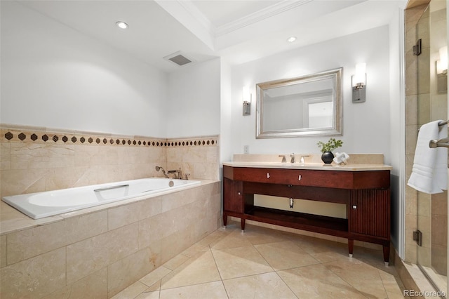 bathroom with tile patterned flooring, vanity, shower with separate bathtub, and crown molding