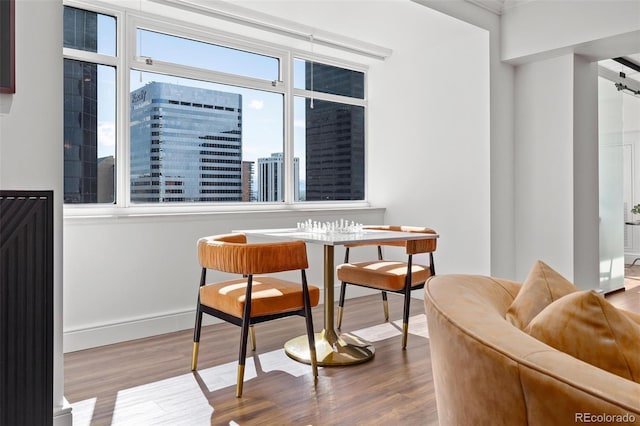 dining room featuring a city view, baseboards, and wood finished floors