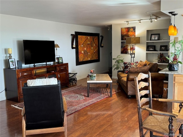 living area featuring wood finished floors, rail lighting, and baseboards