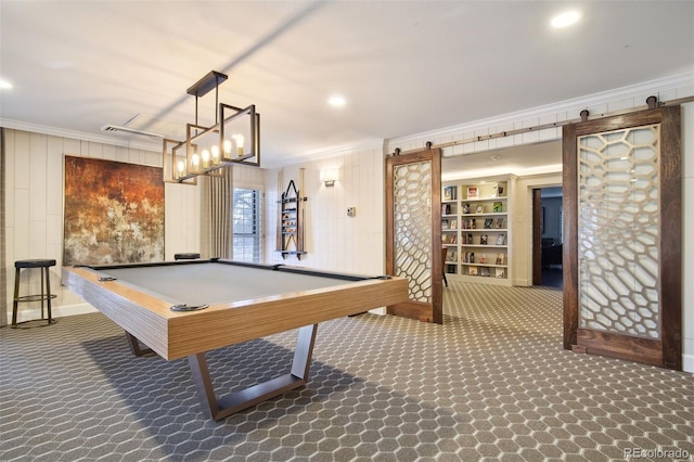 playroom featuring a barn door, recessed lighting, billiards, carpet flooring, and crown molding