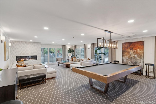 rec room featuring recessed lighting, ornamental molding, dark colored carpet, and pool table