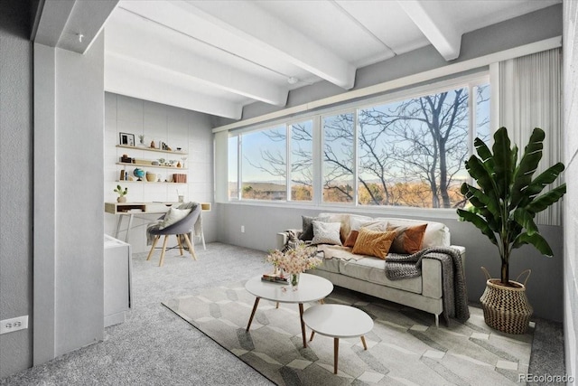 sitting room featuring carpet floors and beam ceiling