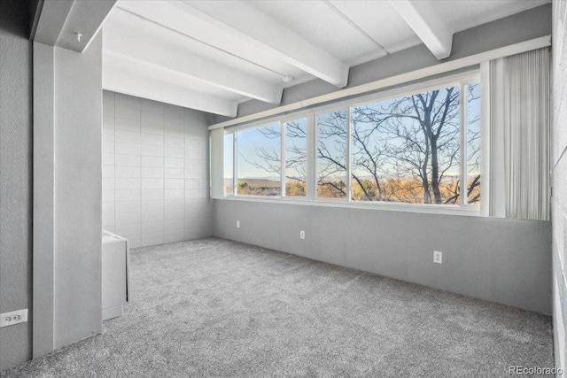 unfurnished room with carpet flooring and beamed ceiling