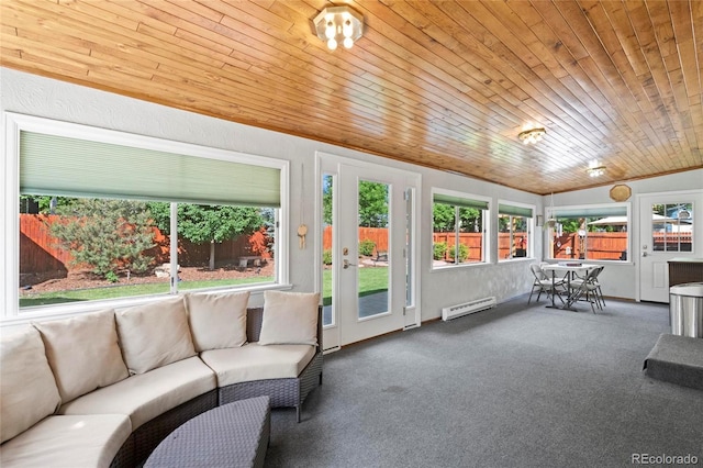 6504 W 85th Ave, Arvada, CO 80003 - sunroom / solarium featuring an outdoor living space, carpet floors, wood ceiling, a baseboard radiator, and outdoor dining area