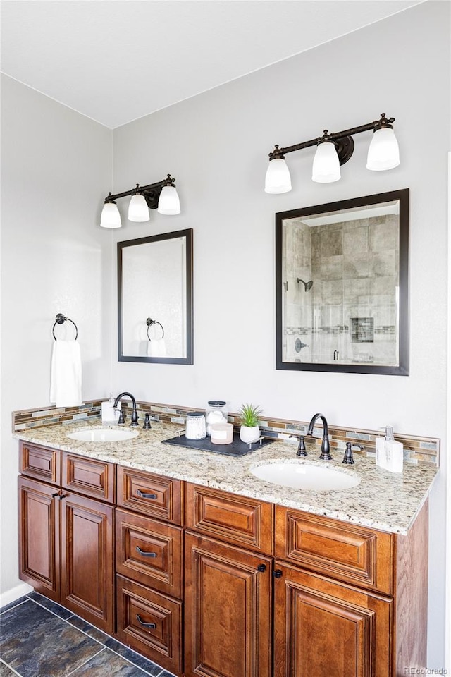 3972 S Shawnee Way, Aurora, CO 80018 - full bathroom with double vanity and tiled shower