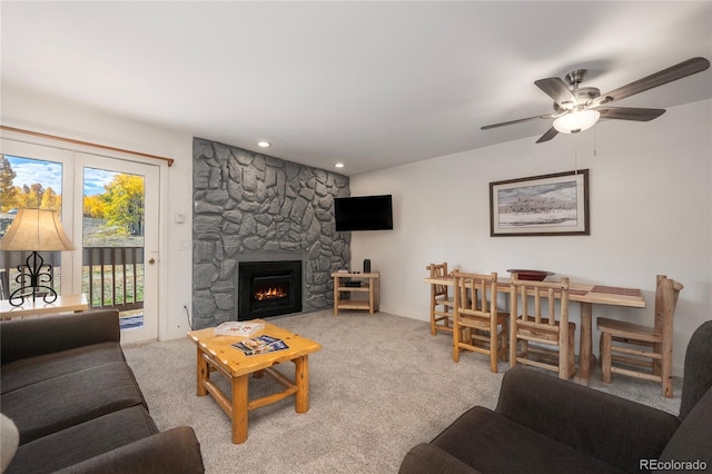 490 Kings Crossing Rd Unit 514, Winter Park, CO 80482 - carpeted living room featuring ceiling fan, a fireplace, and recessed lighting