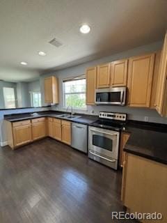 kitchen featuring light brown cabinetry, sink, appliances with stainless steel finishes, and dark hardwood / wood-style flooring