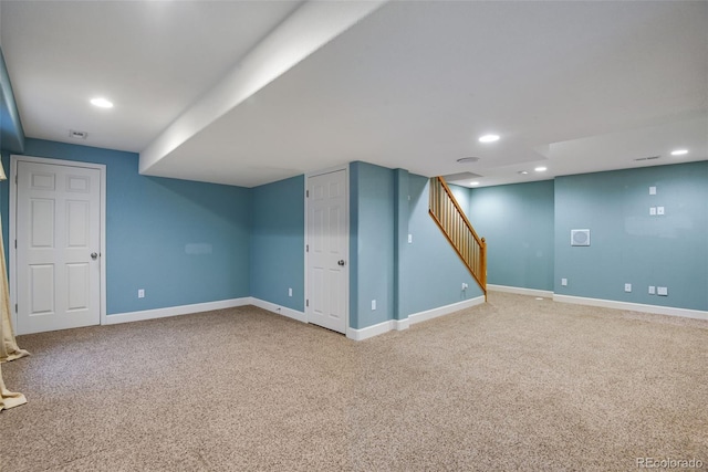 basement with light carpet