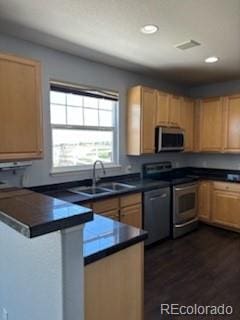 kitchen featuring sink, appliances with stainless steel finishes, dark hardwood / wood-style flooring, and light brown cabinets