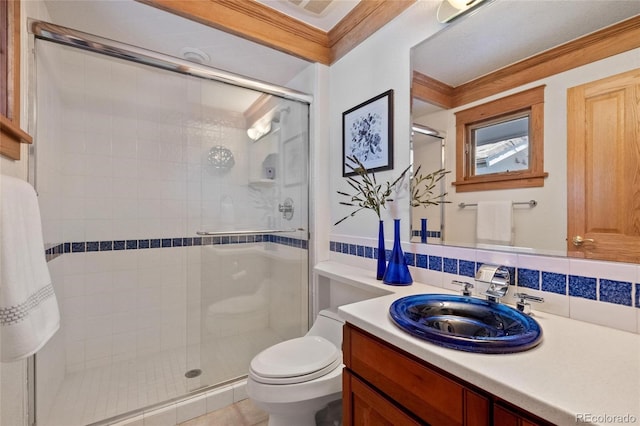 bathroom featuring walk in shower, toilet, crown molding, vanity, and backsplash