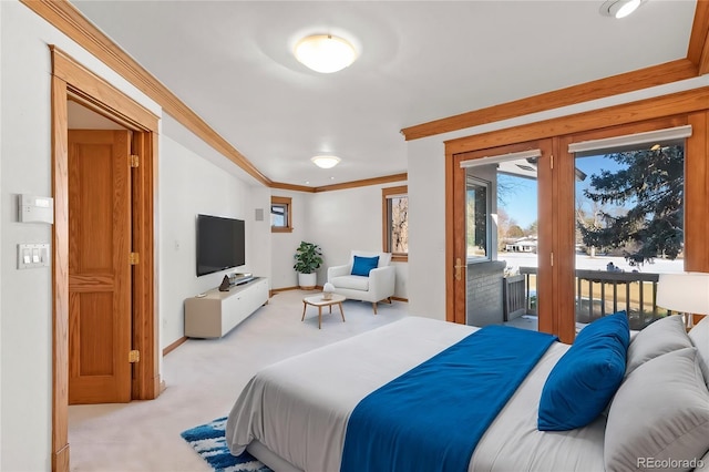 bedroom featuring crown molding, light colored carpet, and access to exterior