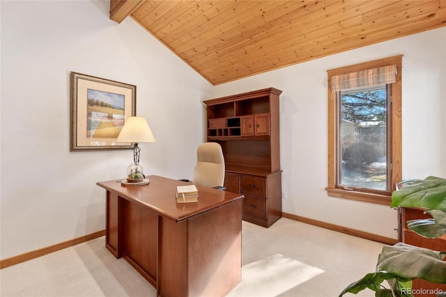 carpeted office space with wooden ceiling and vaulted ceiling with beams