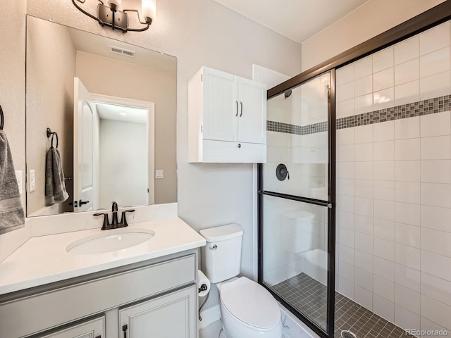 full bath featuring visible vents, toilet, a stall shower, and vanity