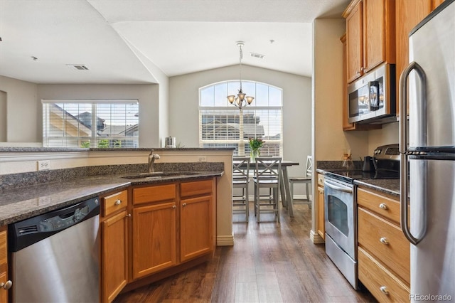 18669 Stroh Rd Unit 10208, Parker, CO 80134 - kitchen featuring appliances with stainless steel finishes, a sink, dark wood-type flooring, brown cabinetry, and lofted ceiling