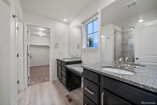 bathroom featuring vanity and a shower with door