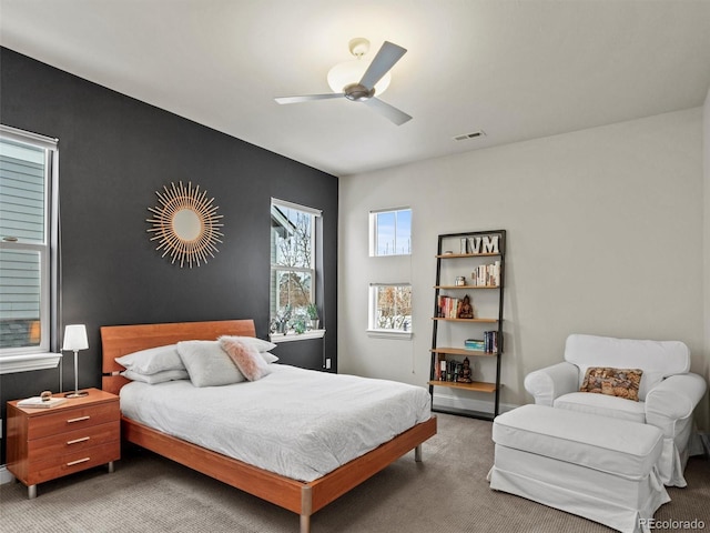 bedroom featuring carpet flooring and ceiling fan