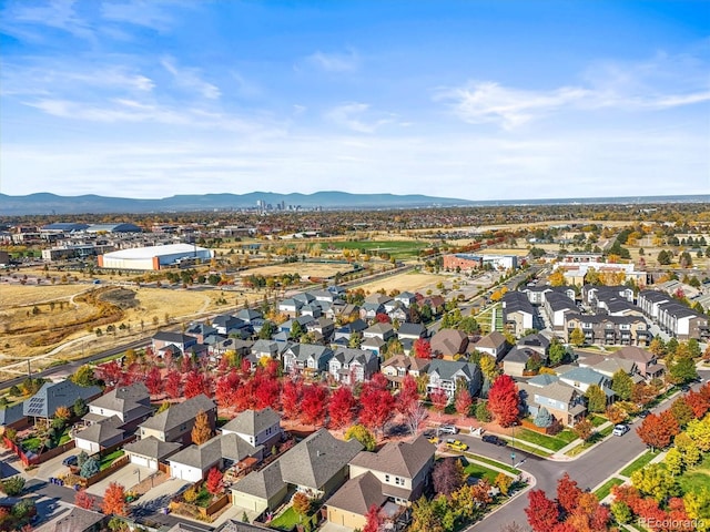 drone / aerial view featuring a mountain view