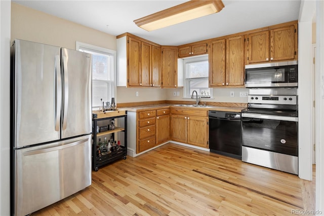 kitchen with a wealth of natural light, light hardwood / wood-style floors, sink, and appliances with stainless steel finishes