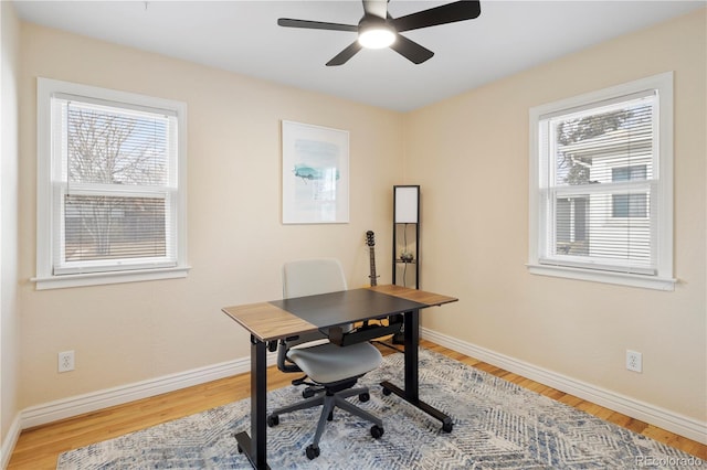 office space with ceiling fan and hardwood / wood-style floors