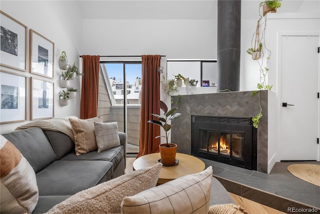 living room with a tiled fireplace and wood finished floors