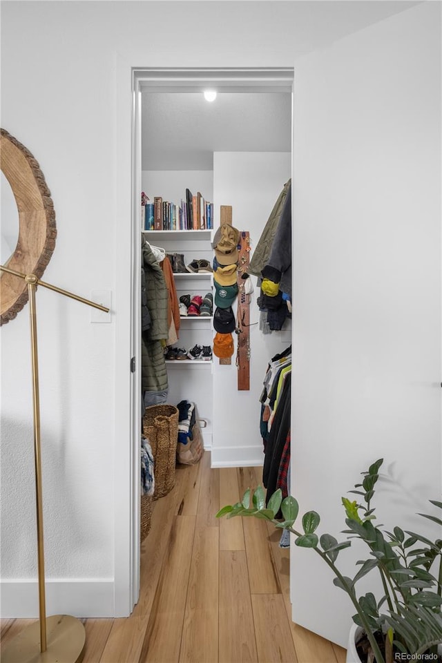 walk in closet with wood finished floors