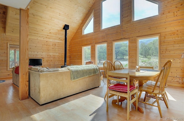 dining area featuring a wealth of natural light, light wood-style floors, a wood stove, and wood walls