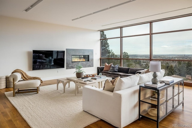 living room with hardwood / wood-style floors and a wall of windows