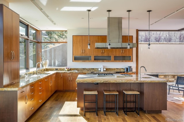 kitchen featuring hardwood / wood-style floors, an island with sink, sink, a breakfast bar area, and hanging light fixtures