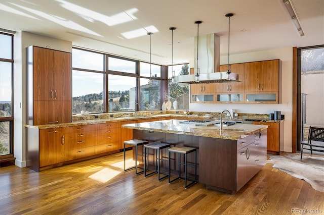 kitchen featuring hardwood / wood-style floors, island range hood, decorative light fixtures, a kitchen bar, and a center island with sink