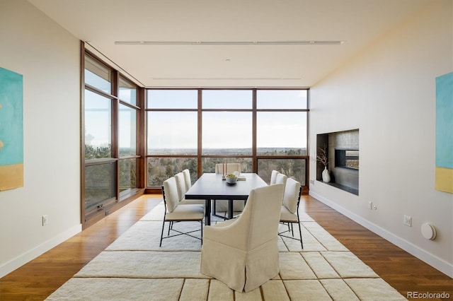 dining space with a healthy amount of sunlight, a wall of windows, and light hardwood / wood-style flooring