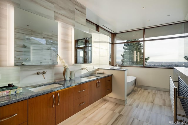 kitchen with sink and dark stone counters