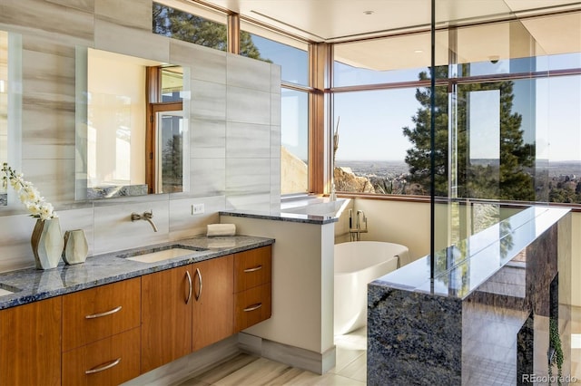 bathroom with vanity and a washtub